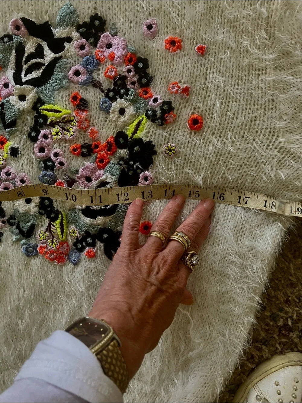 ERDEM white Fuzzy Crewneck Sweater with Floral Embroidery - Picture 6 of 8